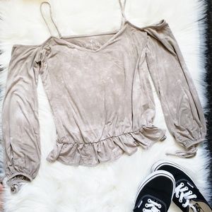 3x$20 Tie Dye Open Shoulder Ruffle Top Taupe